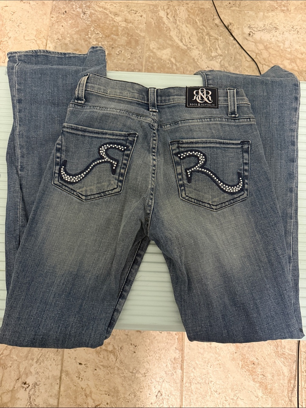 Rock & Republic Women's Medium Blue Boot Cut Jeans with Rhinestone Pockets